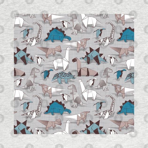 Origami dino friends // pattern // grey linen texture background blue white and beige dinosaurs by SelmaCardoso